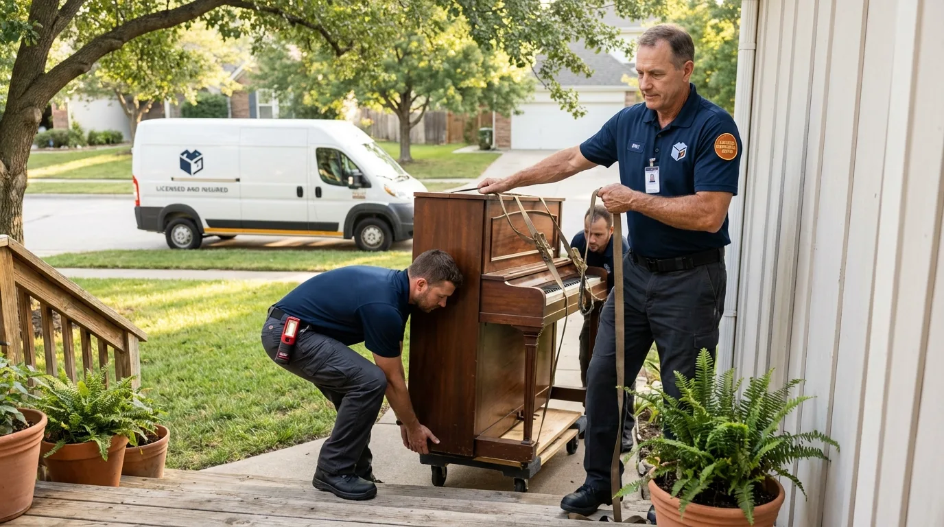 Licensed piano movers securing grand piano in Westminster, MD