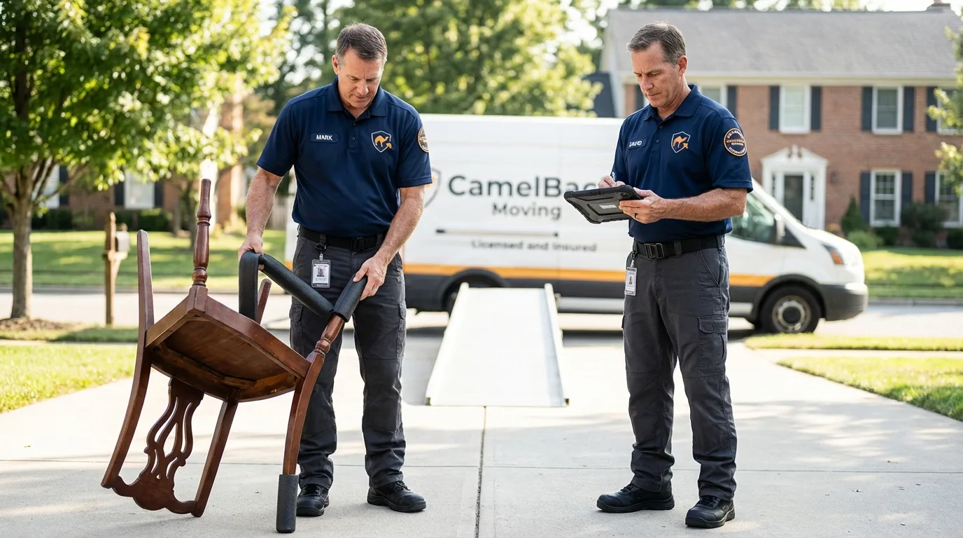 Movers inspecting furniture for damage prevention before loading in Westminster, MD