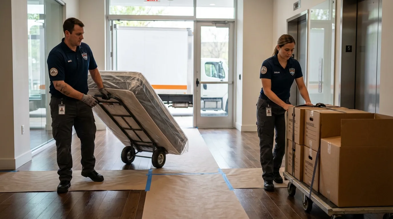 Professional apartment movers loading elevator in Westminster, MD